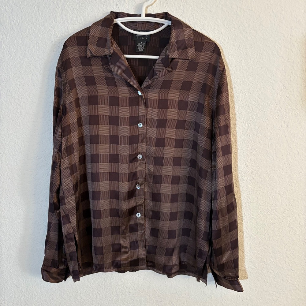 City Silk Button Down Blouse Womens Medium Brown Checkered 100% Silk Vintage
